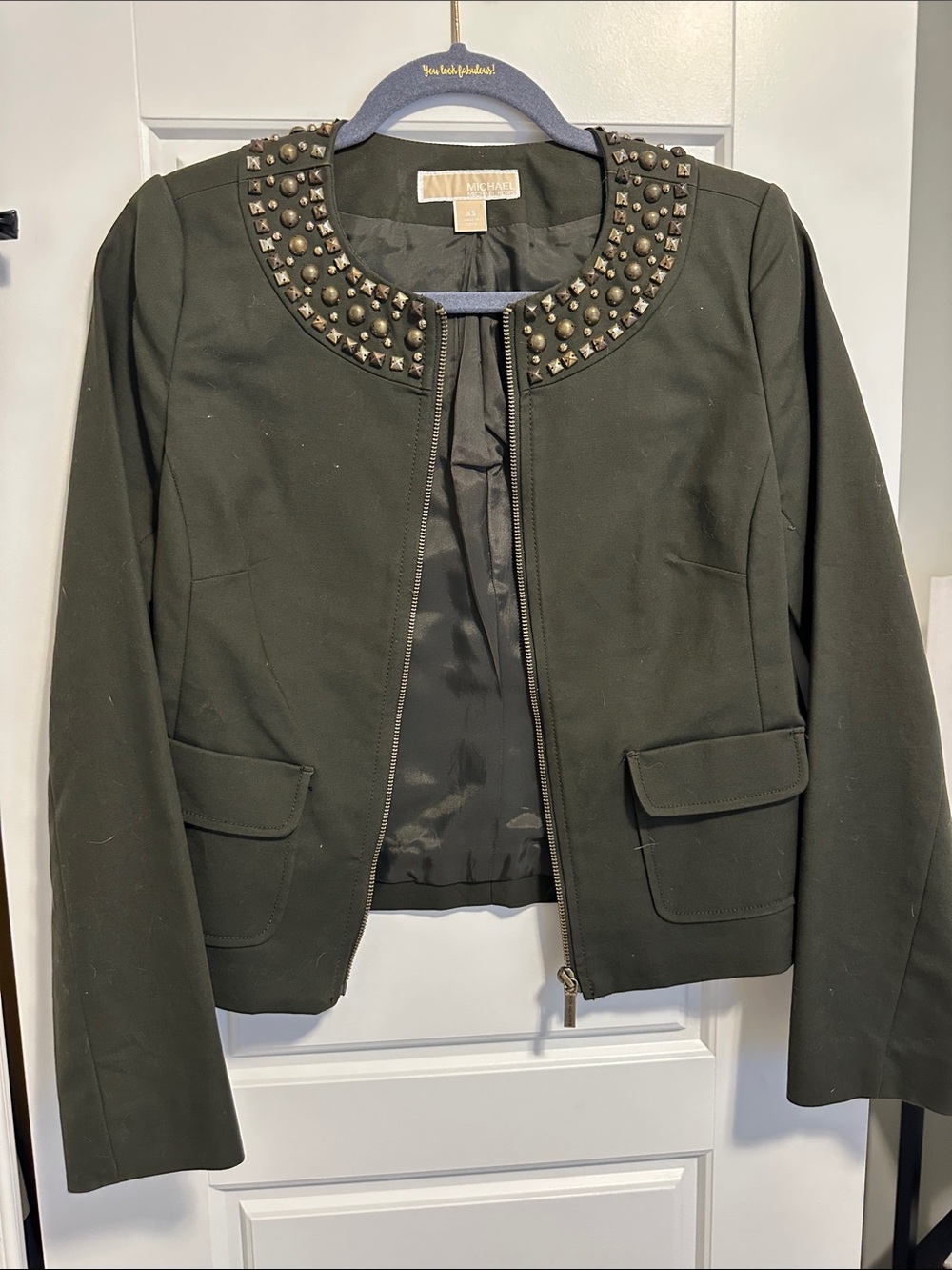 Michael Kors Olive Green Studded Collar Cropped Jacket
